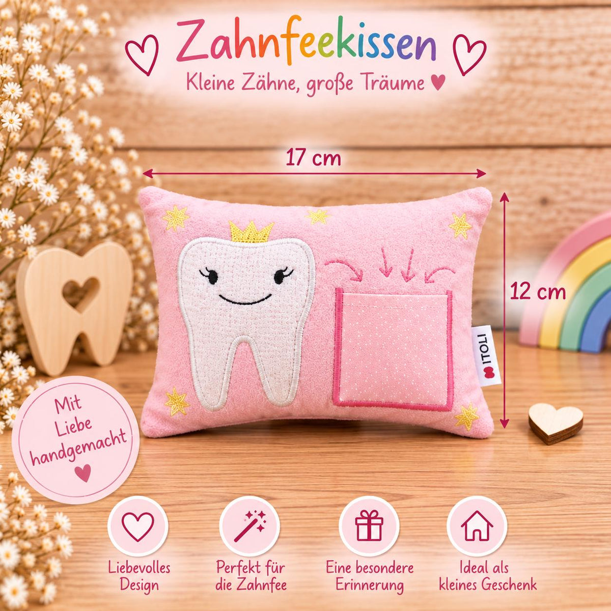 Zahnfeekissen, Zahnfee Kissen für Kinder, Zahnkissen mit Zahntasche, Zahnfee Geschenk, Milchzahn Kissen, Geschenk für Mädchen, handgemacht