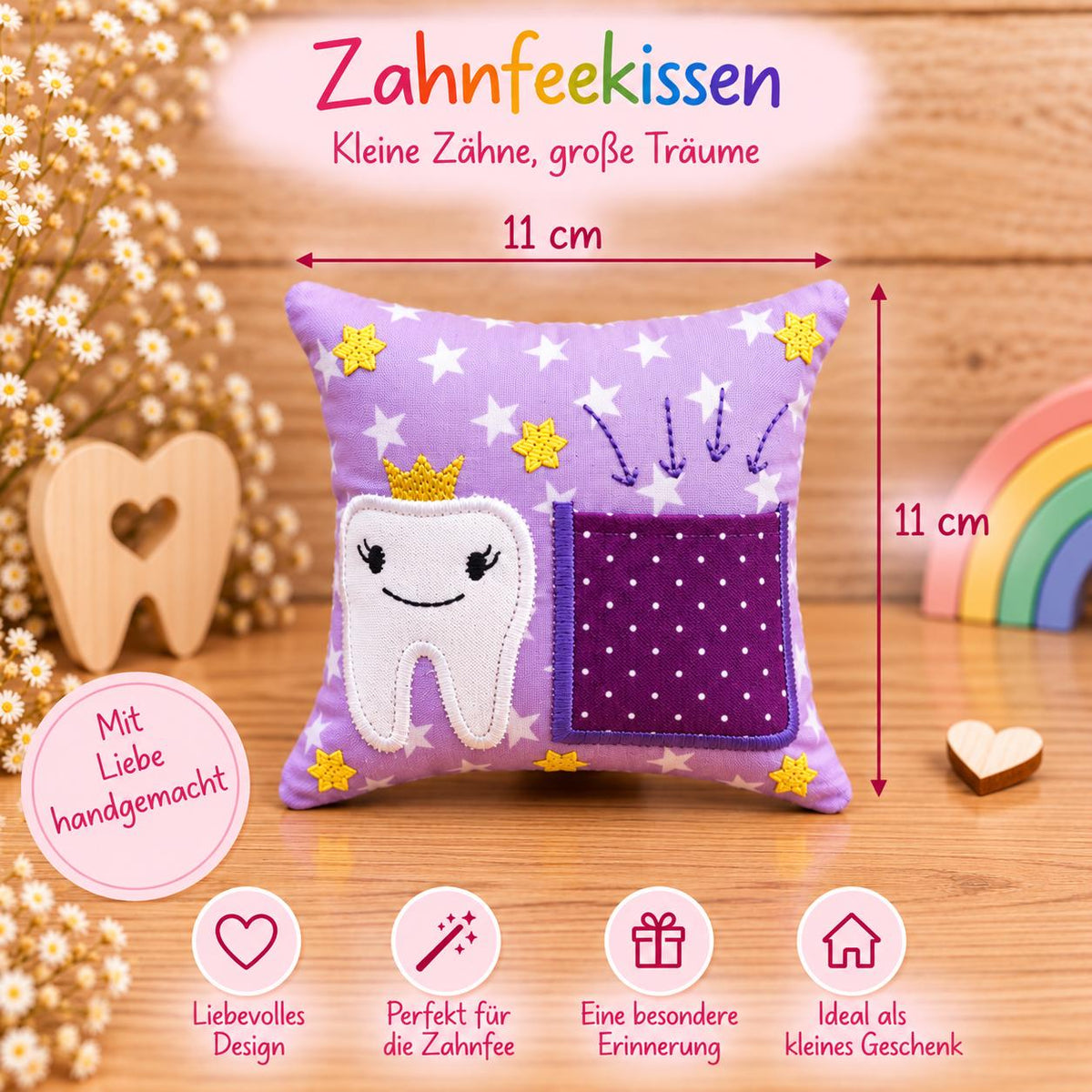 Zahnfee Kissen, Zahnfeekissen für Kinder, Milchzahn Kissen mit Tasche, Zahnfee Geschenk, Zahnkissen, handgemacht, Geschenk für Mädchen