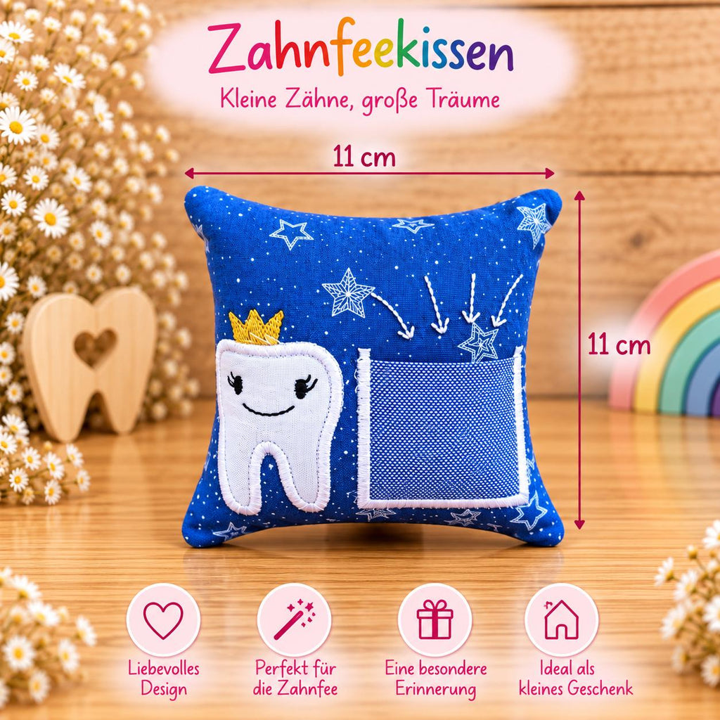Zahnfee Kissen, Zahnfeekissen mit Sternen, Milchzahn Kissen mit Zahntasche, Zahnfee Geschenk für Kinder, handgemacht
