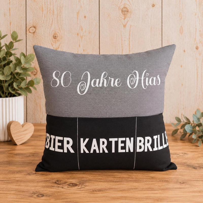 Kissen mit Einstecktaschen, Brillenkissen, Aufbewahrungskissen, Geburtstagsgeschenk, personalisiertes Kissen, Geschenk zum 80. Geburtstag