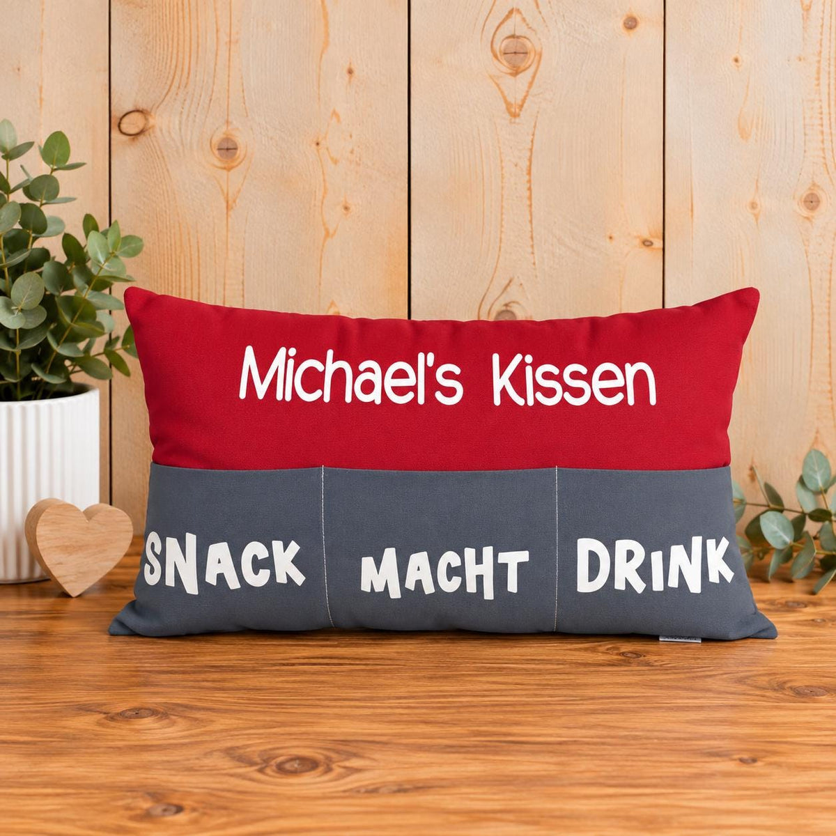 Personalisiertes Kissen mit Einstecktaschen, Geschenkidee für Sie & Ihn, Snackkissen, Kuschelkissen mit Taschen, individuelles Geschenk