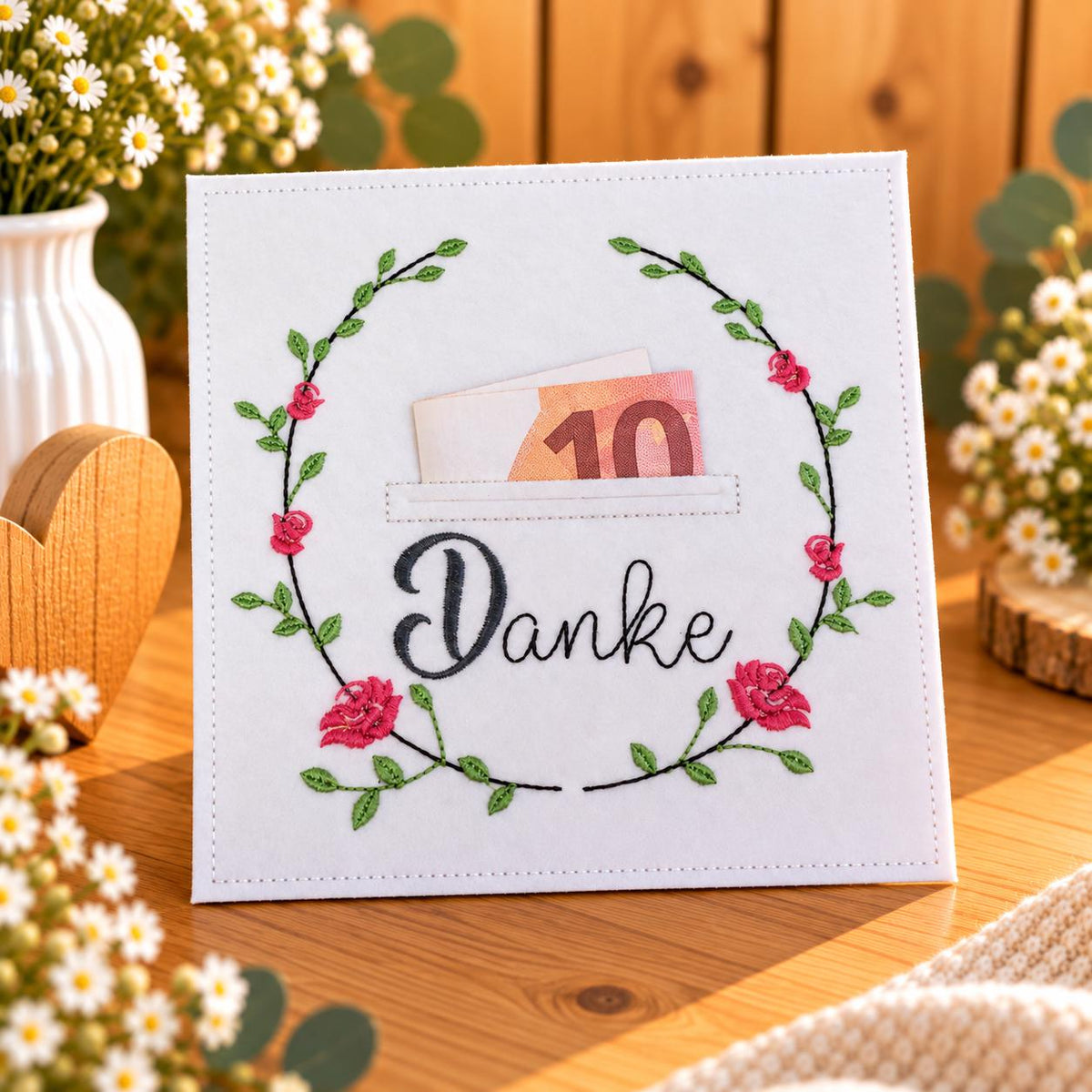 Wunscherfüller aus Filz, Gutschein Geschenk, Dankeschön Geschenk, Geldgeschenk Verpackung, Filz Geschenk, Blumenkranz, kleine Aufmerksamkeit