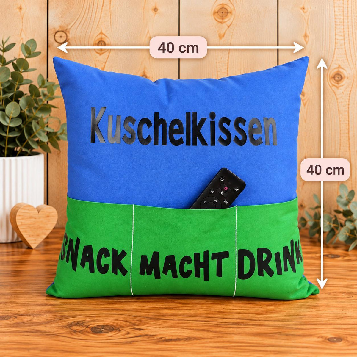 Kuschelkissen 40x40 cm mit Einstecktaschen, Snackkissen mit Snack Drink Fächern, Kissen für Fernbedienung und Snacks, Geschenkidee