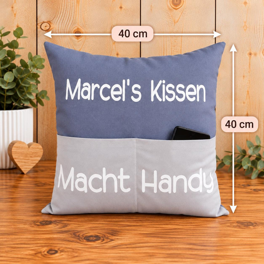 Personalisiertes Kissen mit Einstecktaschen, Namenskissen 40x40 cm, Handy Kissen mit Taschen, Geschenk für Männer und Frauen
