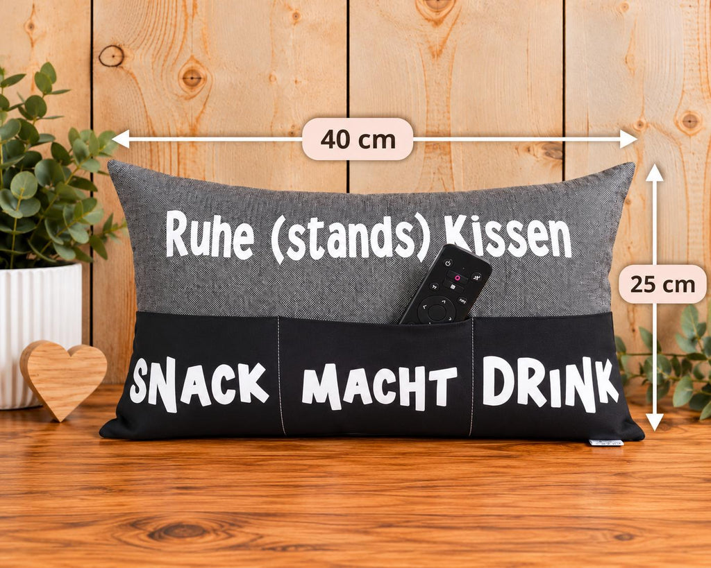 Ruhestandskissen mit Einstecktaschen, Snackkissen 25x40 cm, Kissen für Snacks Getränke und Fernbedienung, Couchkissen mit Fächern
