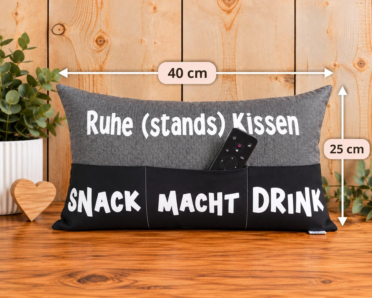 Ruhestandskissen mit Einstecktaschen, Snackkissen 25x40 cm, Kissen für Snacks Getränke und Fernbedienung, Couchkissen mit Fächern