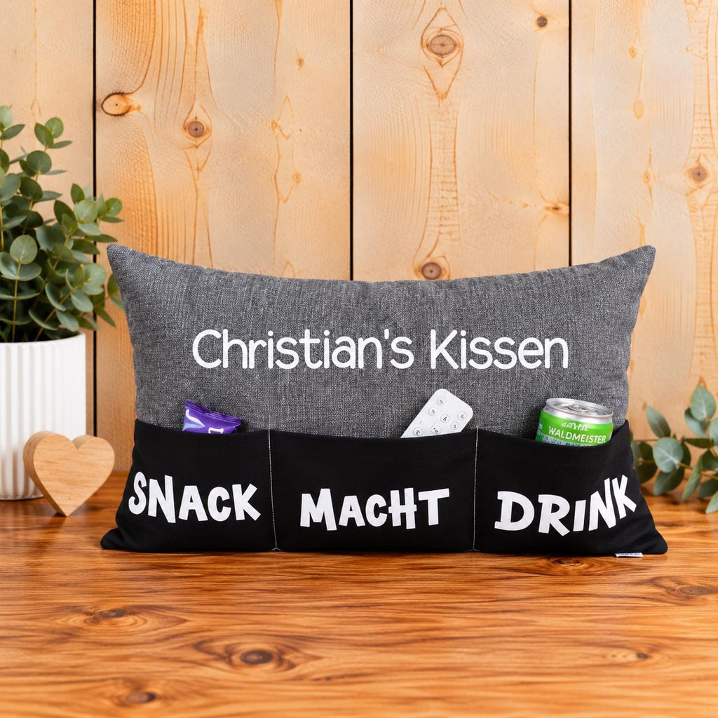 Kissen mit Einstecktaschen 30x50cm, Snackkissen mit Name, Kissen für Snacks Getränke und Fernbedienung, personalisiertes Geschenk