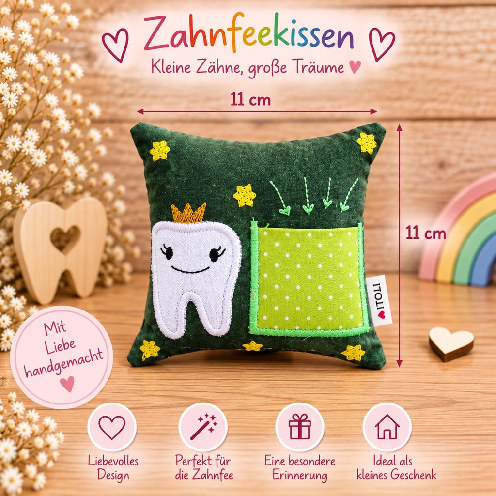 Zahnfeekissen grün 11x11 cm – personalisierbar mit oder ohne Name, süßes Zahnfee Kissen
