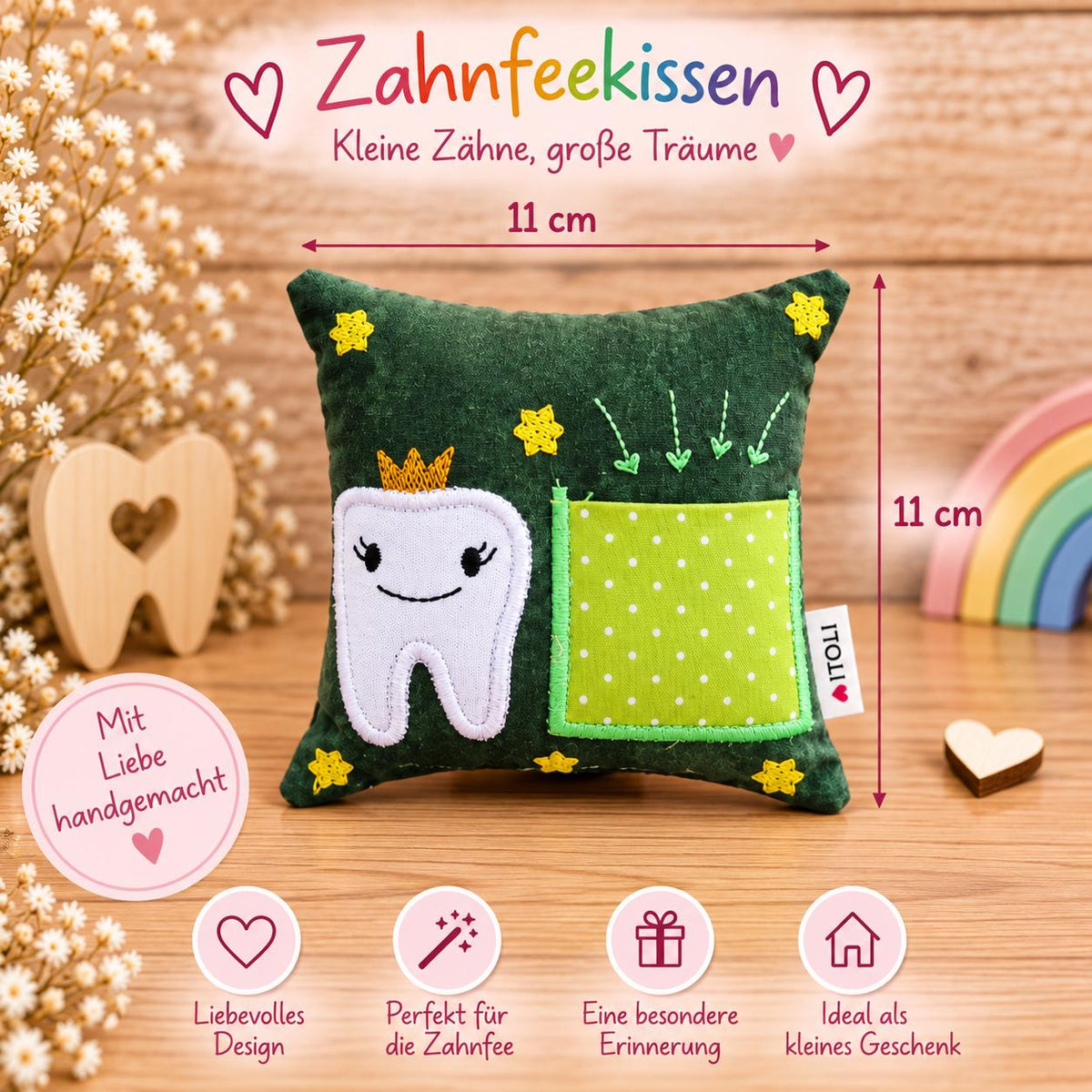 Zahnfeekissen grün 11x11 cm – personalisierbar mit oder ohne Name, süßes Zahnfee Kissen