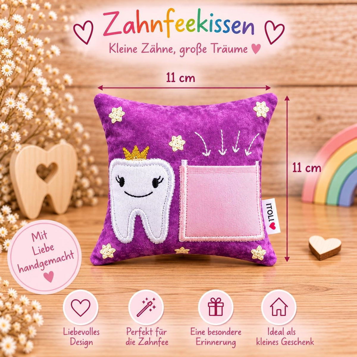 Zahnfeekissen lila 11×11 cm – Handgemacht mit Tasche | Zahnfee Geschenk für Kinder