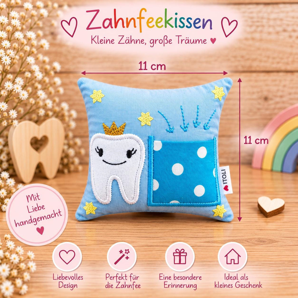 Zahnfeekissen, Zahnfee Kissen für Kinder, Zahnkissen mit Zahntasche, Zahnfee Geschenk, Milchzahn Kissen, handgemacht, Geschenk für Kinder