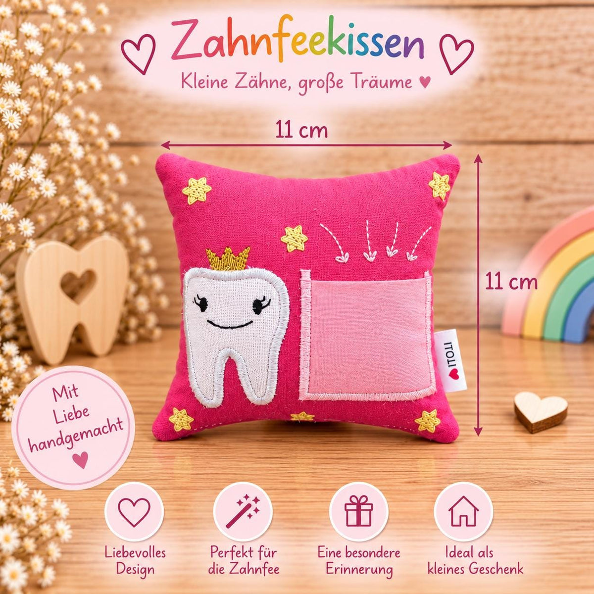 Zahnfeekissen, Zahnfee Kissen für Kinder, Zahnkissen mit Zahntasche, Zahnfee Geschenk, Milchzahn Kissen, handgemacht, Geschenk für Mädchen