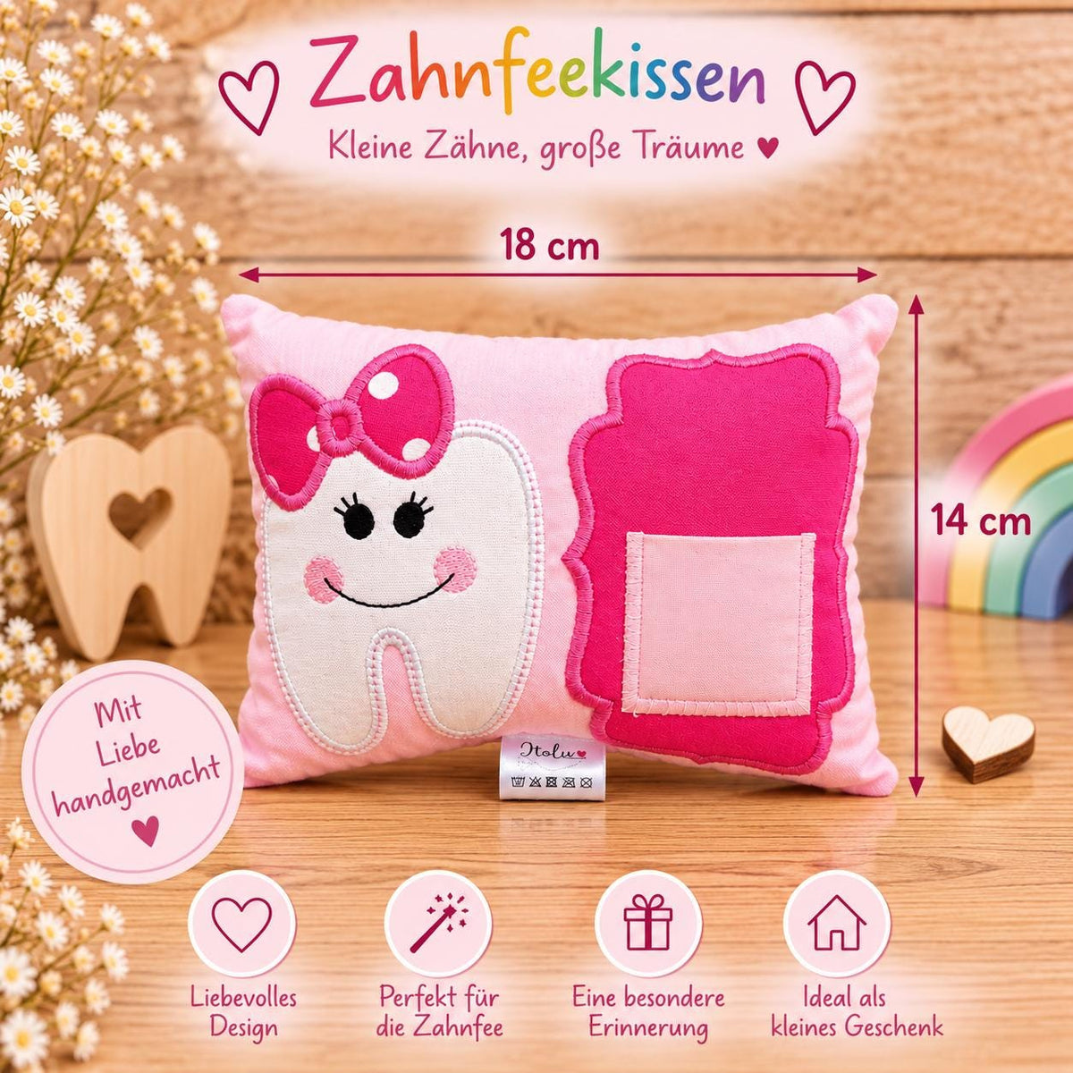 Zahnfeekissen, Zahnfee Kissen für Kinder, Zahnkissen mit Zahntasche, Zahnfee Geschenk, Milchzahn Kissen, handgemacht, Geschenk für Mädchen