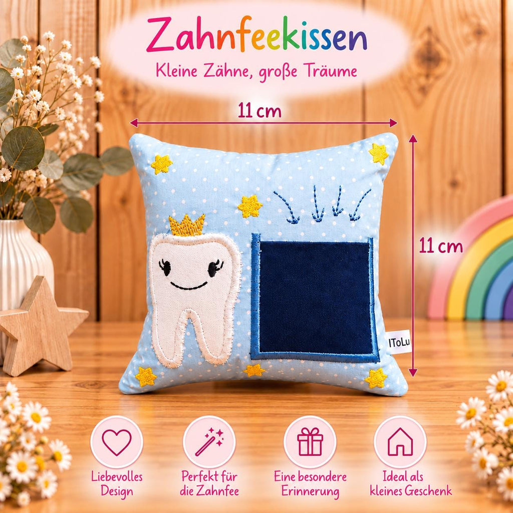 Zahnfeekissen grün 11x11 cm – personalisierbar mit oder ohne Name, süßes Zahnfee Kissen