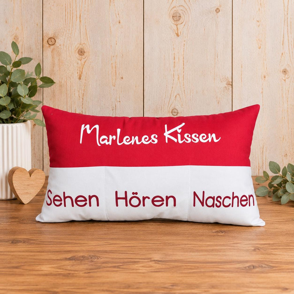 Personalisiertes Kissen mit Einstecktaschen, Aufbewahrungskissen, Namenskissen, individuelles Kissen