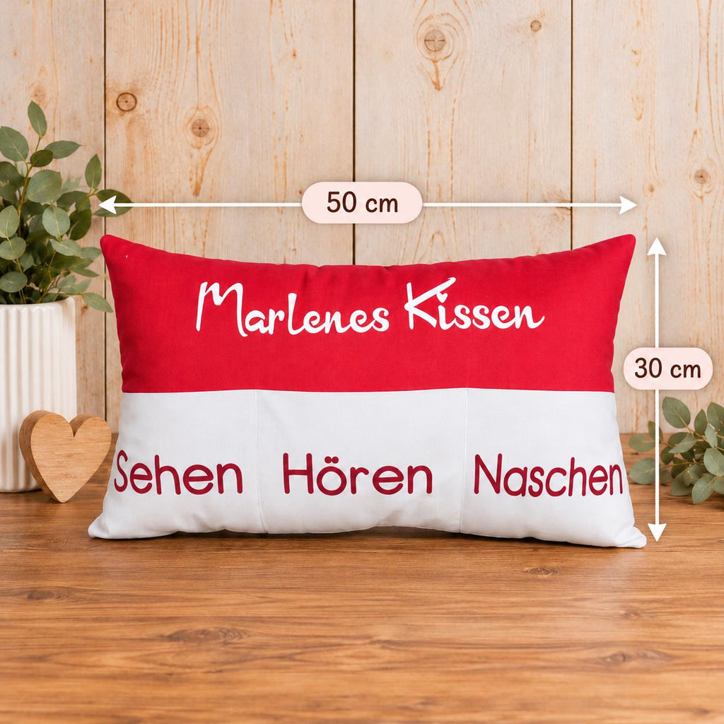 Personalisiertes Kissen mit Einstecktaschen, Aufbewahrungskissen, Namenskissen, individuelles Kissen