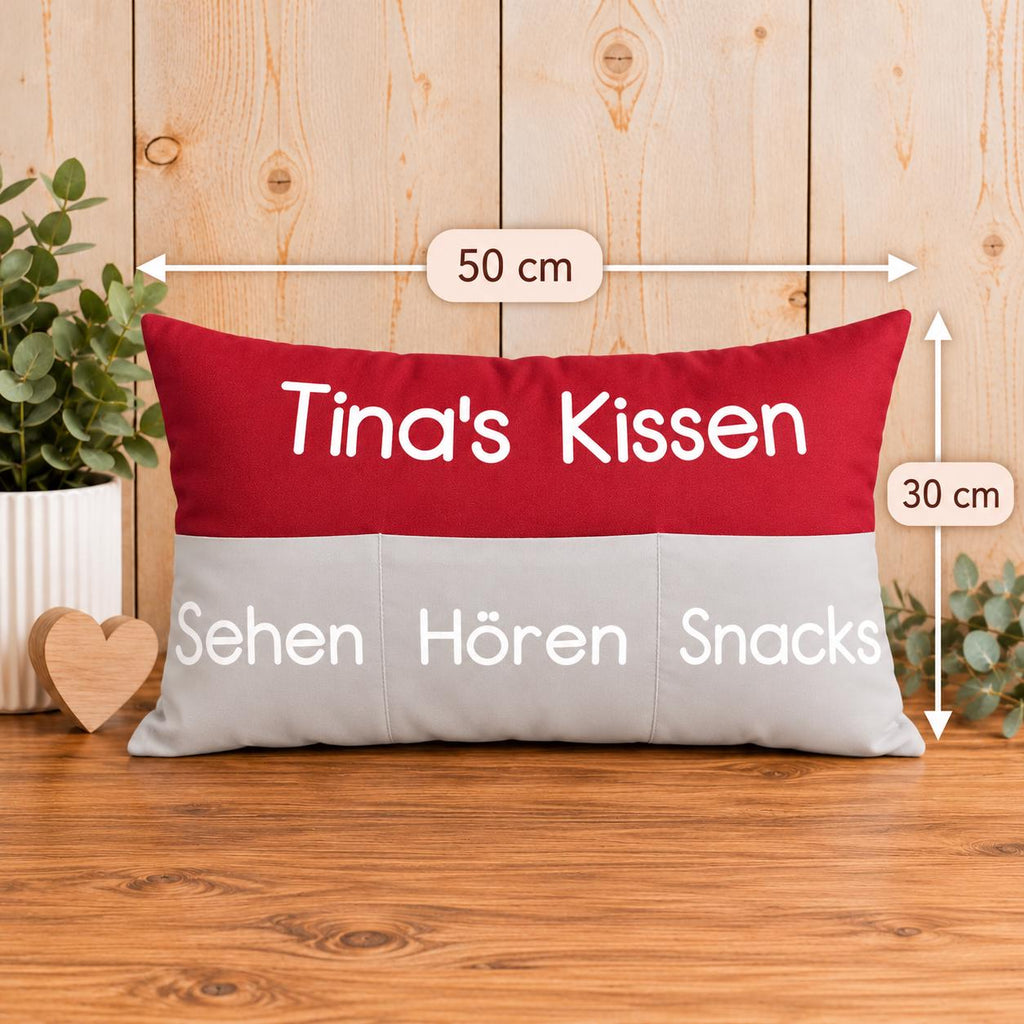 Personalisiertes Kissen mit Einstecktaschen, Aufbewahrungskissen, Namenskissen, individuelles Kissen