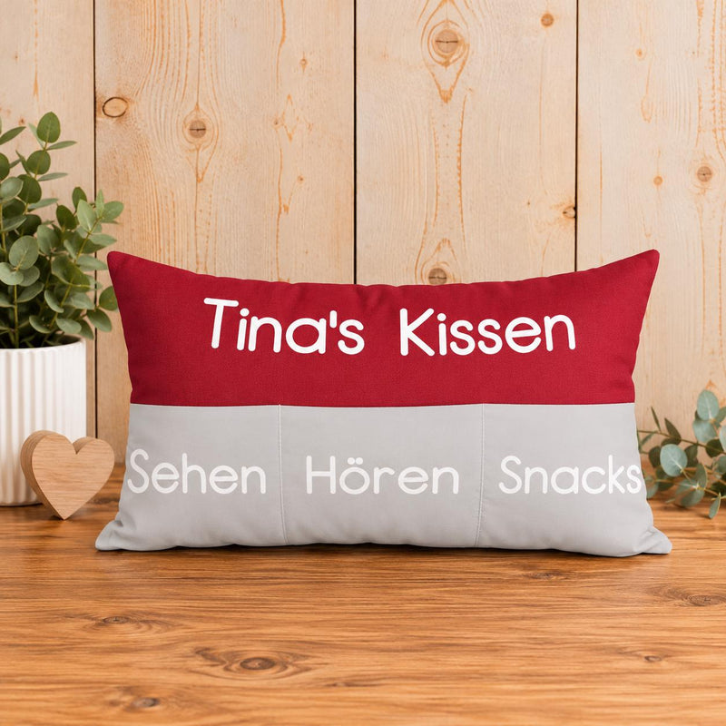 Personalisiertes Kissen mit Einstecktaschen, Aufbewahrungskissen, Namenskissen, individuelles Kissen