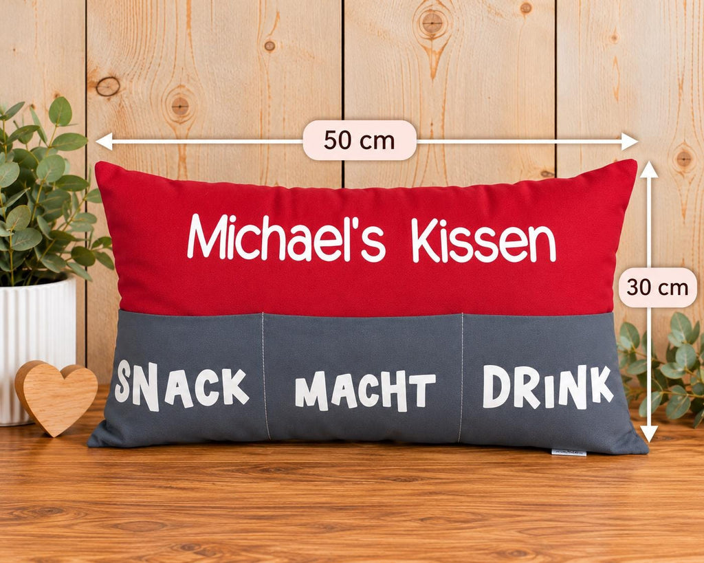 Personalisiertes Kissen mit Einstecktaschen, Geschenkidee für Sie & Ihn, Snackkissen, Kuschelkissen mit Taschen, individuelles Geschenk