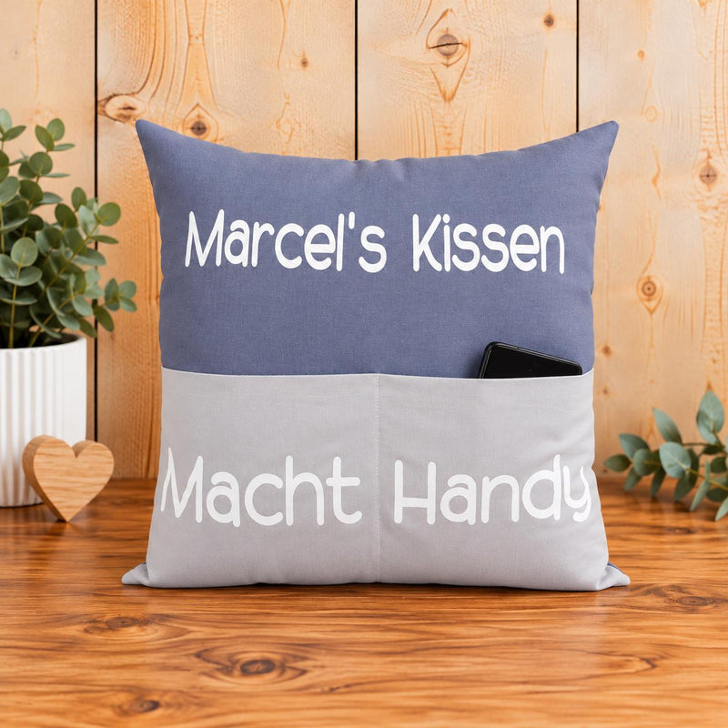Personalisiertes Kissen mit Einstecktaschen, Namenskissen 40x40 cm, Handy Kissen mit Taschen, Geschenk für Männer und Frauen