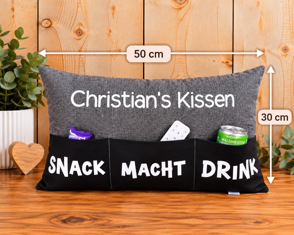 Kissen mit Einstecktaschen 30x50cm, Snackkissen mit Name, Kissen für Snacks Getränke und Fernbedienung, personalisiertes Geschenk