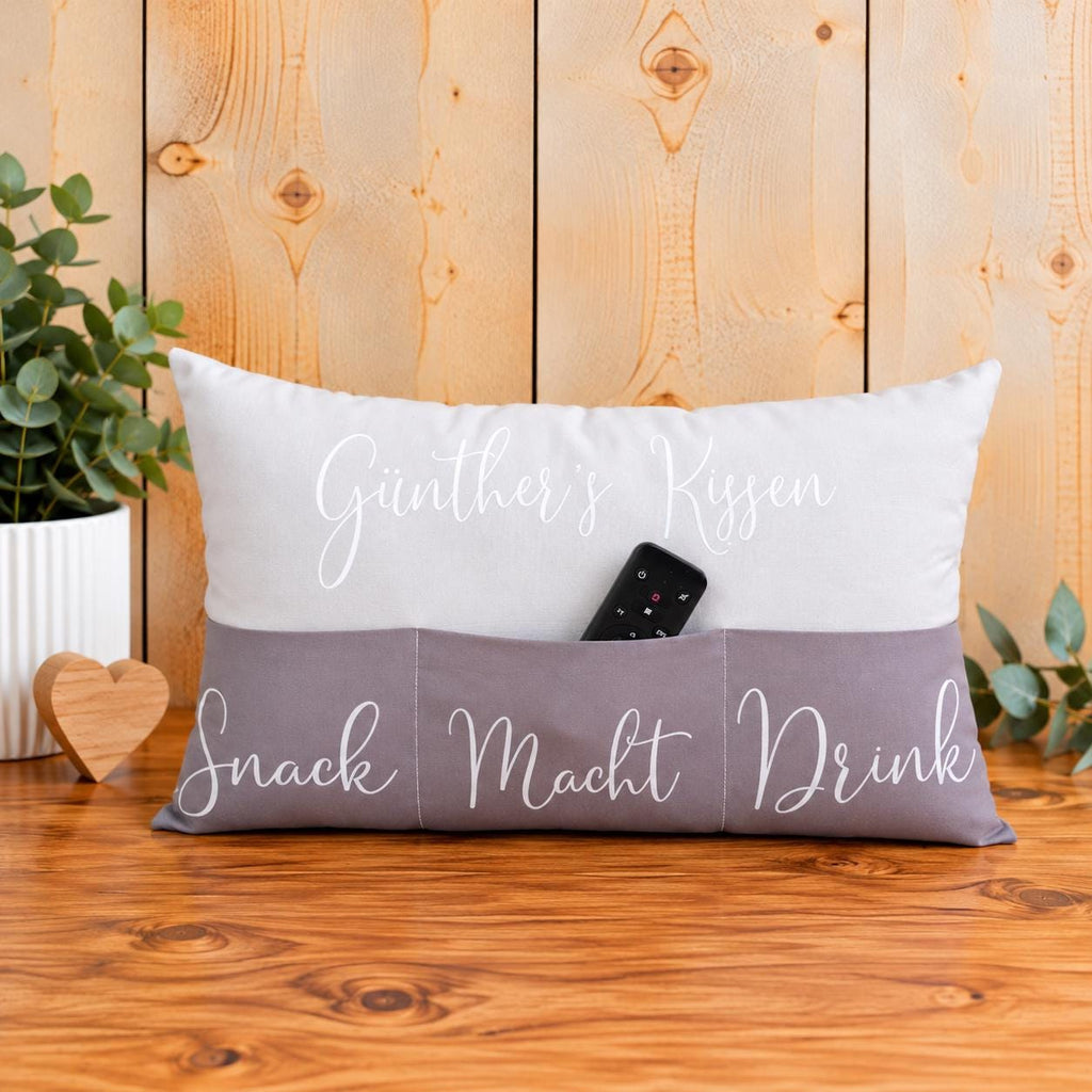 Kissen mit Einstecktaschen, besondere Geschenkidee, praktisches Kuschelkissen, Snackkissen mit Taschen, Ruhestandskissen