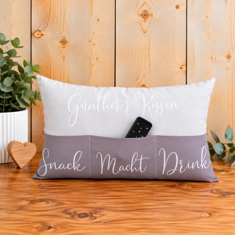 Kissen mit Einstecktaschen, besondere Geschenkidee, praktisches Kuschelkissen, Snackkissen mit Taschen, Ruhestandskissen