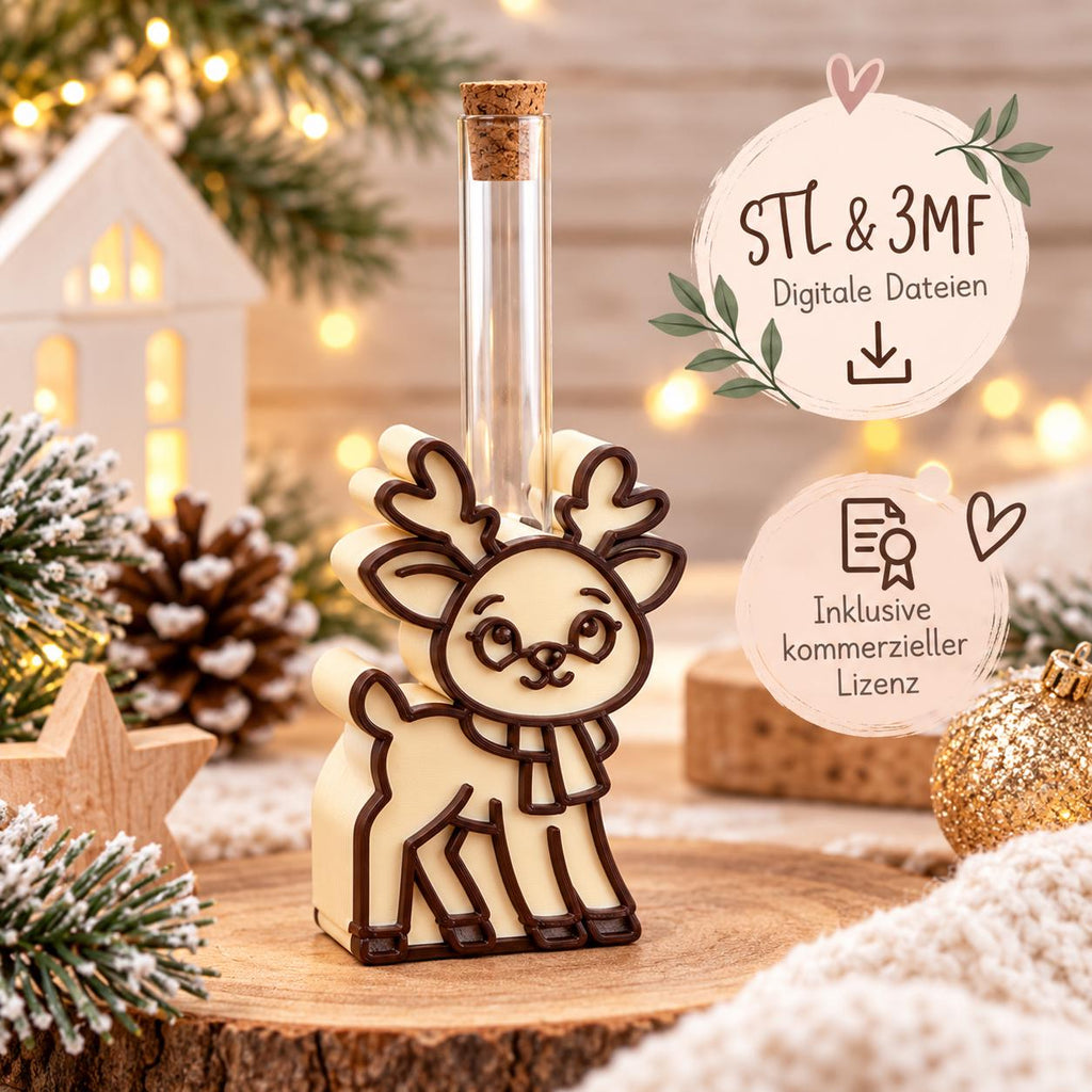 Rentier Reagenzglas Halter STL & 3MF, 3D Druckdatei für Geldgeschenke, Weihnachtsdeko, kommerzielle Lizenz inklusive