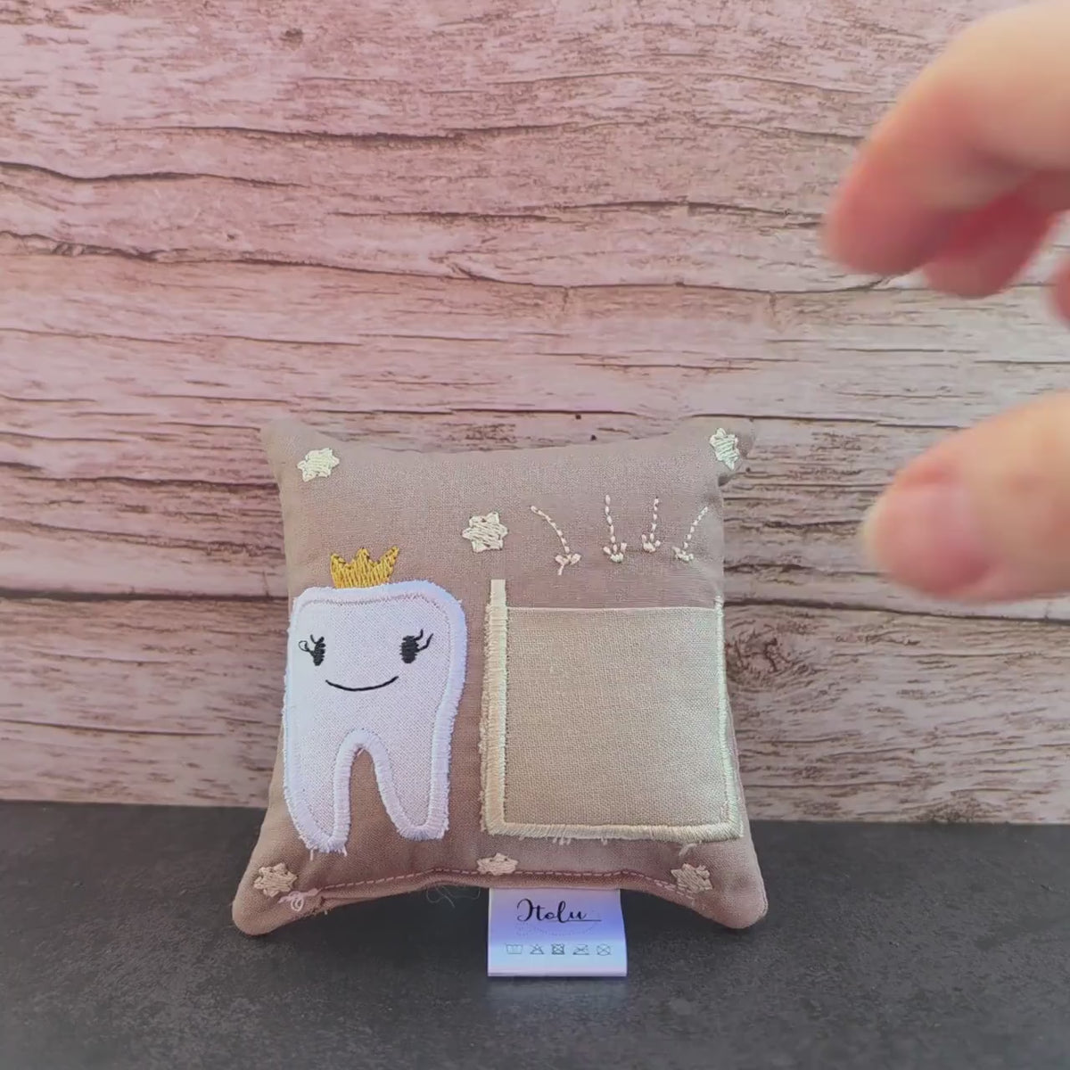 Zahnfeekissen braun 11×11 cm – Handgemacht mit Tasche | Zahnfee Geschenk für Kinder
