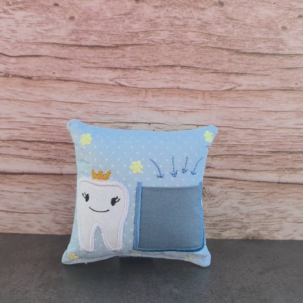 Zahnfeekissen hellblau 11×11 cm – Handgemacht mit Tasche | Zahnfee Geschenk für Kinder