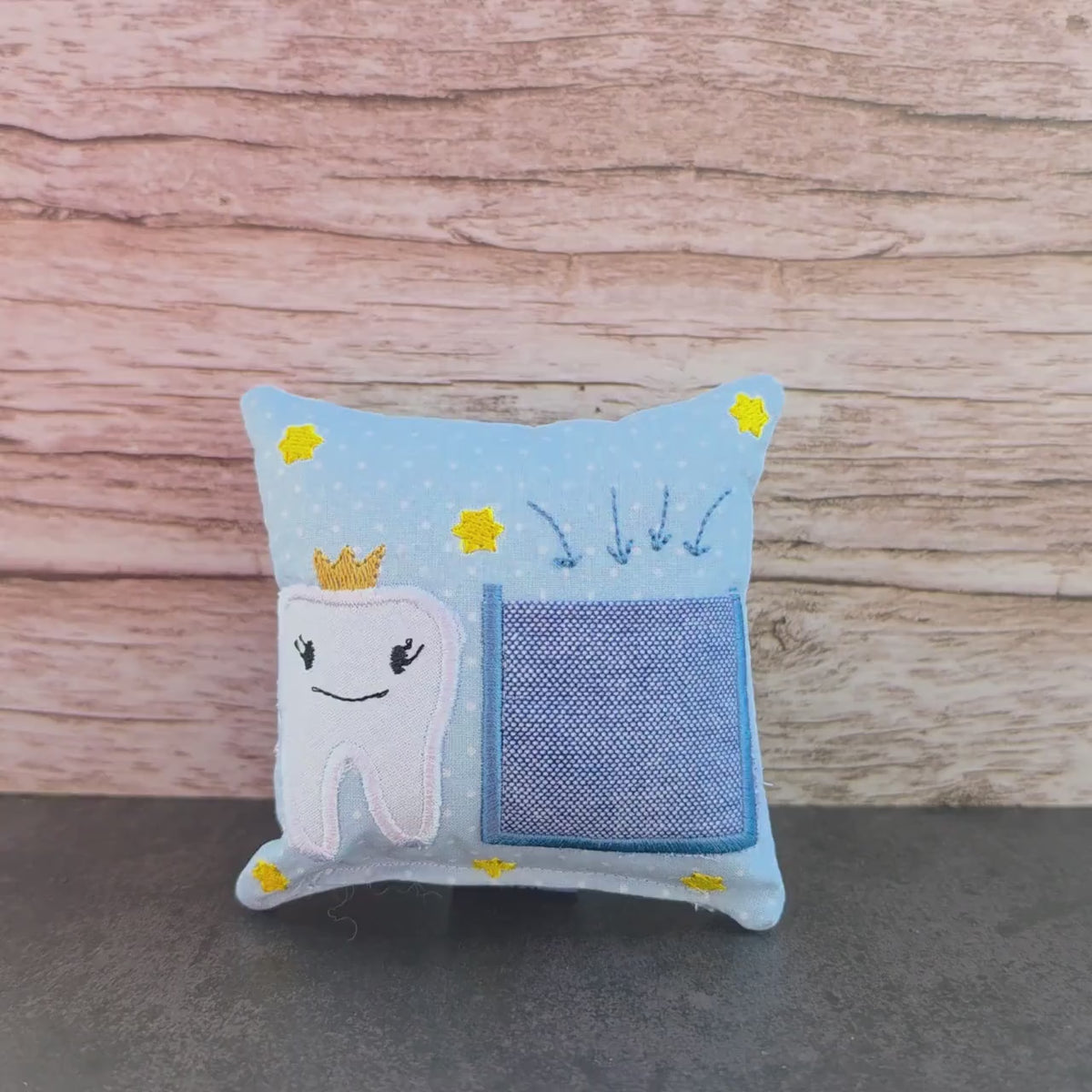 Zahnfeekissen hellblau 11×11 cm – Handgemacht mit Tasche | Zahnfee Geschenk für Kinder