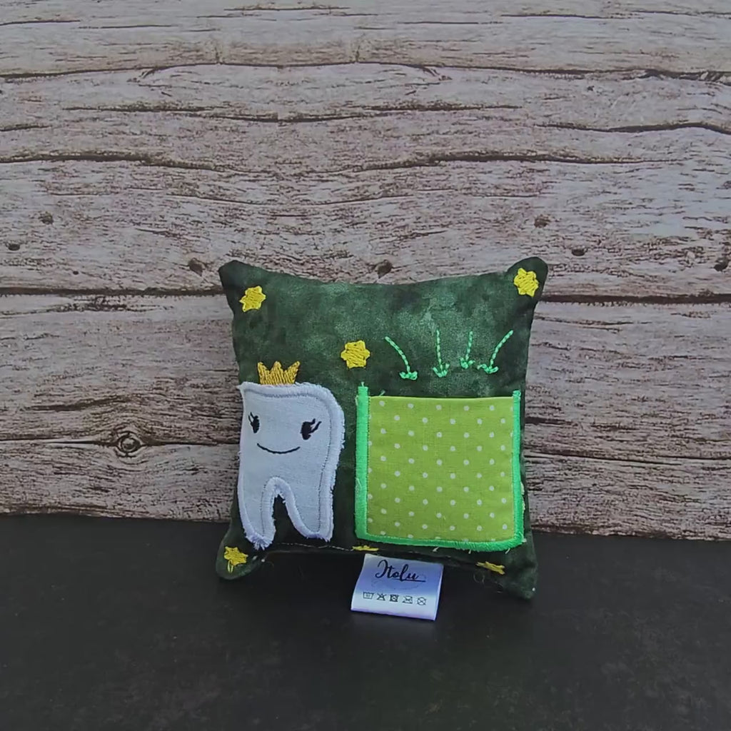 Zahnfeekissen grün 11x11 cm – personalisierbar mit oder ohne Name, süßes Zahnfee Kissen