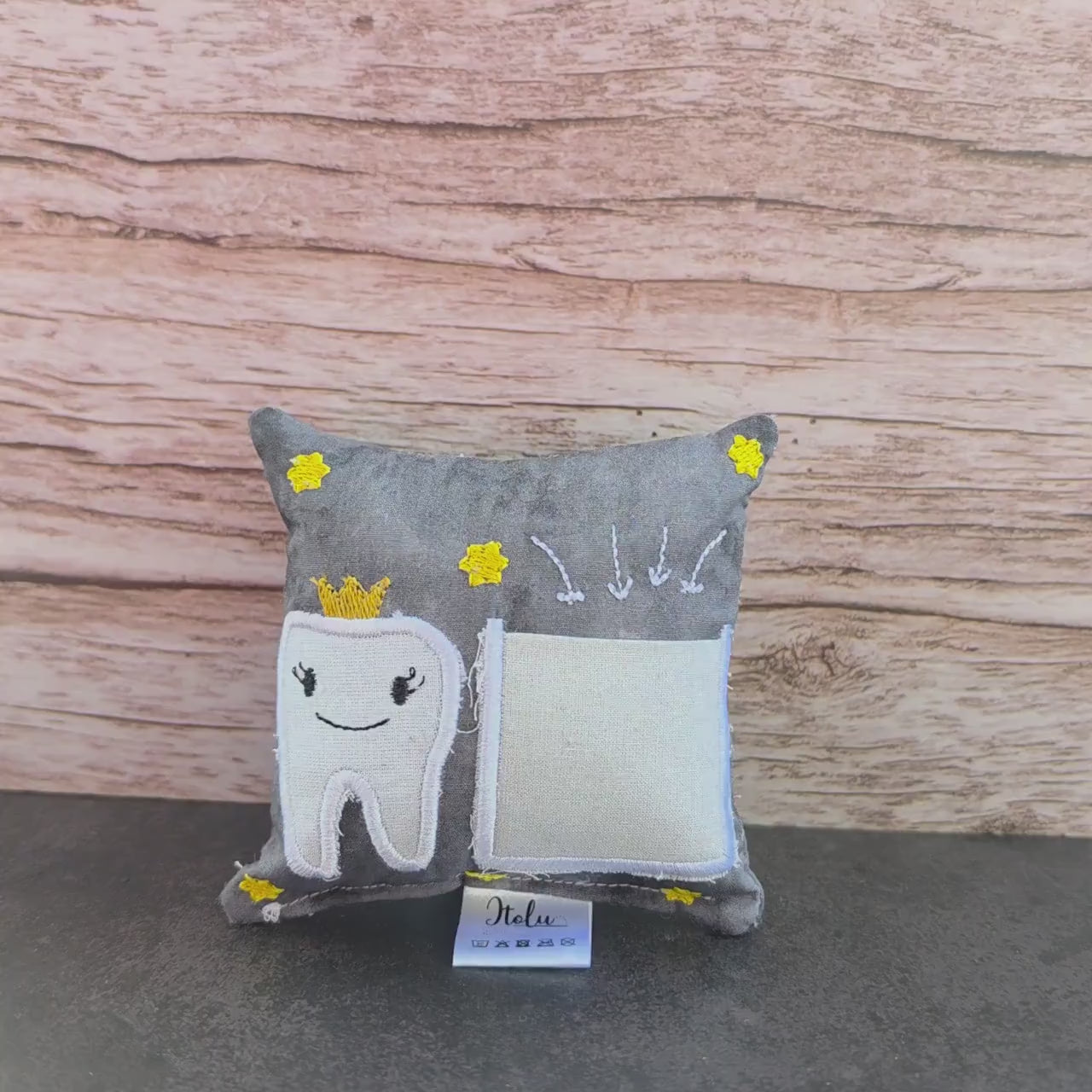 Zahnfeekissen grau 11×11 cm – Handgemacht mit Tasche | Zahnfee Geschenk für Kinder