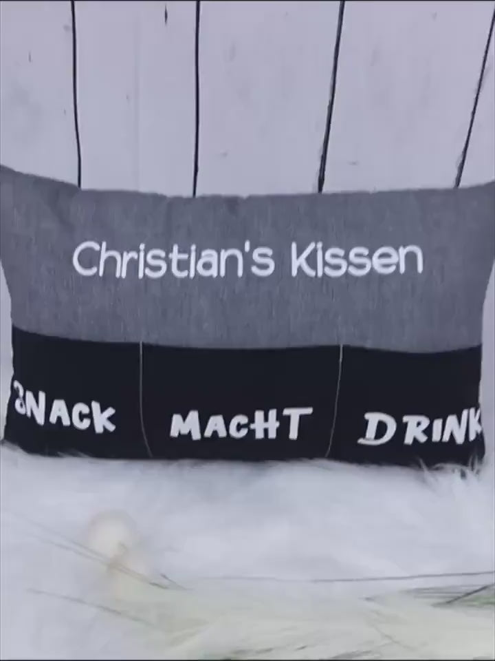 Kissen mit Einstecktaschen 30x50cm, Snackkissen mit Name, Kissen für Snacks Getränke und Fernbedienung, personalisiertes Geschenk
